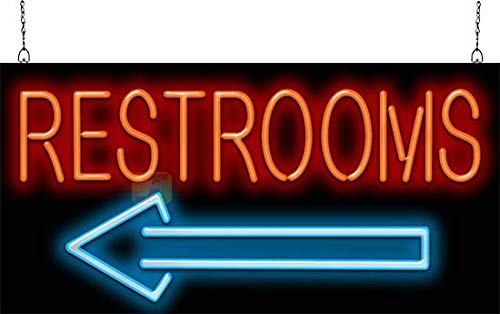 Restrooms Neon Sign with Left Arrow - Large Size - 32 wide x 16 high - Real, Quality Hand Bent Neon Sign - Red Letters with a Blue Left Pointing Arrow