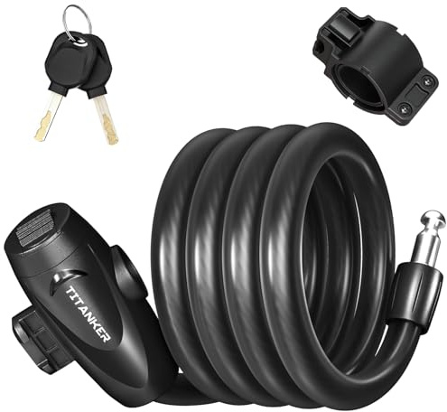 Titanker Bike Lock, Bike Lock Cable 4 Feet Coiled Secure Bicycle Locks with Keys Scooter Locks Bicycle Locker 1/2 Inch Thick Heavy Duty Anti Theft Bike Cable Lock with Mounting Bracket