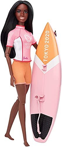 Barbie Olympic Games Tokyo 2020 Surfer Doll with Surf Uniform, Tokyo 2020 Jacket, Medal, Tokyo 2020 Surfboard with Fins for Ages 3 and Up