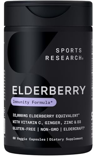 Sports Research® Elderberry Immune Support with Zinc, Ginger, Vitamin C & D3 - Vegan Friendly · Non-GMO · Gluten Free - 60 Veggie Capsules