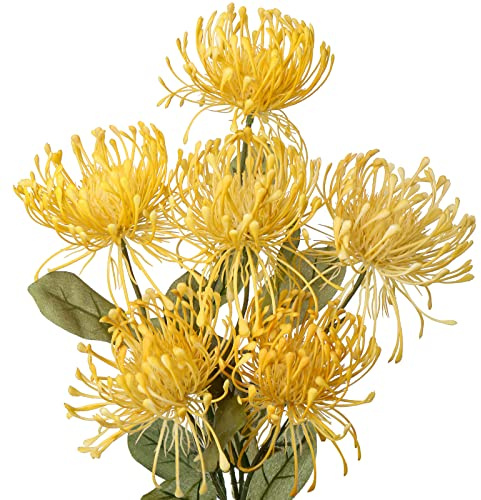 Hollyone 33 Yellow Artificial Mums Flowers Chrysanthemum Flowers 2Pcs Fake Spider Mum Flower Arrangement Faux Pincushion Flower with 3 Heads Long Stem for Party Centerpiece Bouquet Home Decor