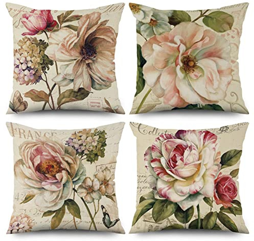 ASDCXZ Kissenbezug Retro Blumen 45x45 cm 4er Set, Retro Rose Blume Beige Sofa Kissen Dekokissen Kissenbezüge Kissenhülle Waschbar Polyester Flachs Textil Outdoor Polster Kopfkissenbezug Kissen Bezug
