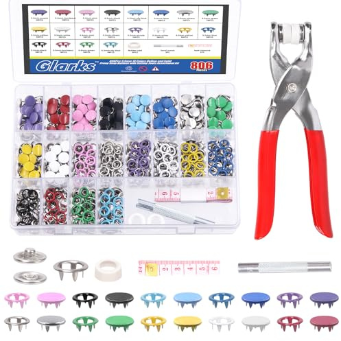 Glarks 805Pcs Snap Buttons con pinze Snap Press Tool, 9,5 mm 10 colori cavi e metallo solido Ping snaps Pulsanti e snaps Strumento di fissaggio con kit di misura del nastro