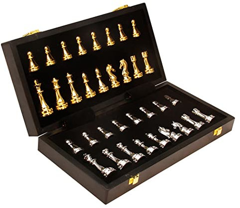 Großes Metall-Deluxe-Schach-Retro-Legierungs-Schach-Set Für Erwachsene, Brettspiel, Tragbare Holzkiste, Aufbewahrung, Faltbares Schachspiel,15.3 * 15.3in