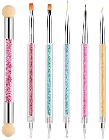 6 Stück Nagel Pinsel Set, Doppel-Ende Nageldesign Pinsel | Acryl Nail art Pinsel Set Nail Art Liner Pinsel Dotting Tool für DIY Nail Art Design (Mit 1 Schwammbürste)