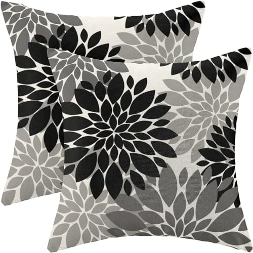 QUALKNOY Set of 2 Cushion Covers 18x18 Black White Grey Flower Dahlia Pattern Decorative Throw Pillow Covers 45 x 45cm for Living Room Sofa Outdoor Garden Floral Pillowcases