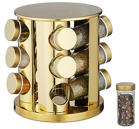Relaxdays Tourniquet à épices, Acier Inoxydable, 12 Pots en Verre, Rotatif à 360°, HxD : 22 x 20 cm, doré