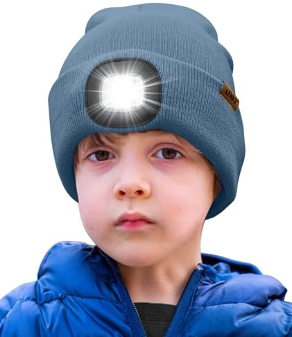 ATNKE Kids LED Lighted Beanie Hat,USB Rechargeable 4 LED Running Headlamp Ultra Bright Cap with Light Hands Free Head Torch Winter Warm Knit Beany Great Gifts for Boys and Girls/Shadow Blue