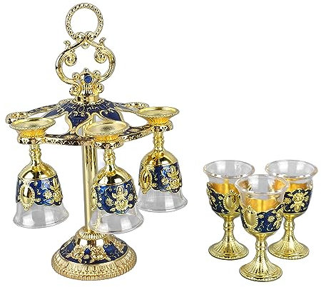 Wine Cup, Zinc Alloy Chinese Chalice, 6 Pieces Beautiful Colors for Party (Gold and Blue)