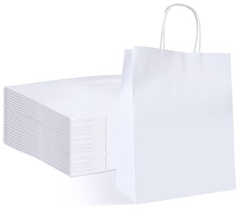Oungy 50 Pcs White Paper Bags, 21x11x27cm White Gift Bag with Handles, Medium 120GSM Kraft Paper Gift Bags for Shopping Retail Boutique Birthday Wedding Party DIY