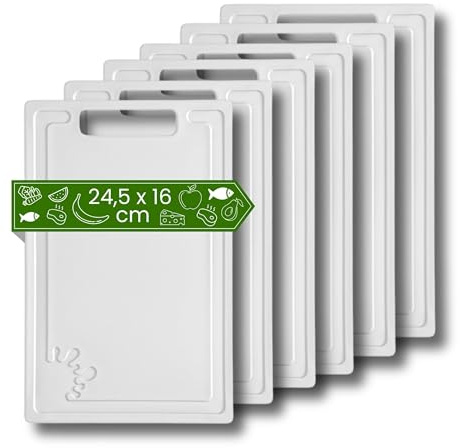 Lot de 6 planches à petit-déjeuner en plastique - Blanc - 24,5 x 16 cm - Passe au lave-vaisselle - Petite planche à découper avec antidérapante et rainure à jus