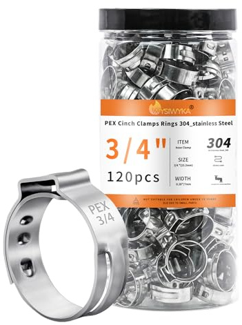 WYSIWYKA 120pcs 3/4 inch PEX Cinch Clamps Rings Assortment Kit, 304 Stainless Steel Single Ear Hose Clamps, Pex Crimp Rings for PEX Tubing Pipe Fitting Connections