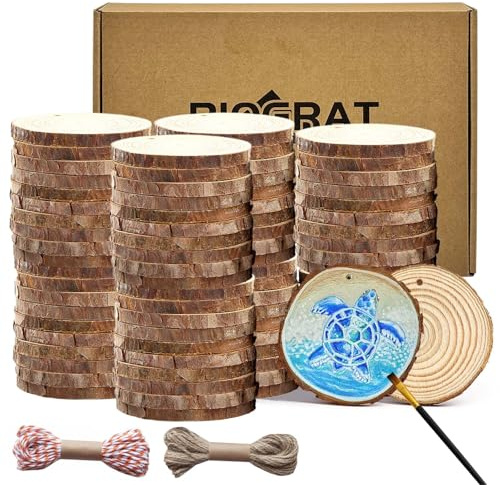 Dischi di Legno con foro Dischetti Legno 5-6 cm 80 pz da Decorare, con 2 corde da 10 m