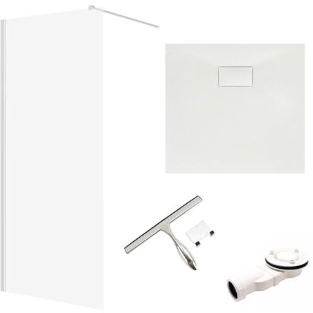 BADLAND Komplettes Set- Walk-In Dusche KETIL 80-140x195 Schwarz/Chrom + Duschwanne VIDAR 80-180x80-90+ Badwischer - Duschabtrennung Transparent NanoGlas, Duschtasse Schwarz/Weiß Steinoptik SMC, Ablauf