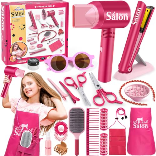 Vamei Set Parrucchiera Bambina Regalo Asciugacapelli Piastra per Capelli Spazzola Capelli Grembiule Forbici Barbiere Parrucchiera Accessori Gioco Parrucchieri per Bambini 3 4 5 6 7 8 9 Anni Ragazza