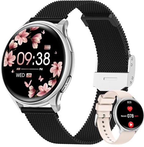 AIMIUVEI Smartwatch Damen mit EKG HRV, 1,27'' Armbanduhr mit Telefonfunktion 150+ Sports, 24H Herzfrequenz Schlafmonitor SpO2, Menstruationszyklus BMI Fitness Tracker IP68 iOS Android Schwarz Silber