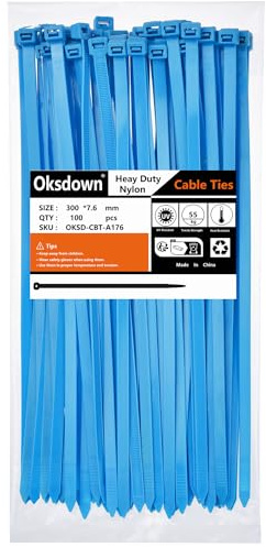 Oksdown 300mm × 7,6mm Breit 100 Stück Extra Stark Kabelbinder mit 55 kg Zugfestigkeit Blau UV-Beständig Groß Nylon Kunststoff Selbstsichernder Multifunktionaler