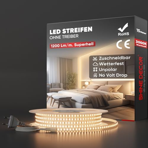 Shine Decor LED Streifen 15m, AC 220V 230V IP65 Wasserdicht LED Band, SMD 2835 120 leds/m Ultrahohe Helligkeit Lichtleiste für Küche Garten LED Beleuchtung (15M, Warmweiß, CE Zertifiziert)