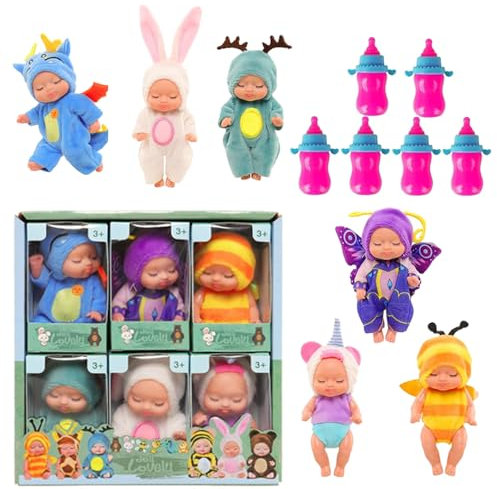 Abiemuce Mini Baby Puppe, 6 Stück MiniRebornPuppen mit 6 Flaschen, Newborn Rebornbaby, Waschbares Baby MiniPuppen, Babe Mini Puppen, MiniBabypuppenSet für Mädchen Jungen Geburtstag