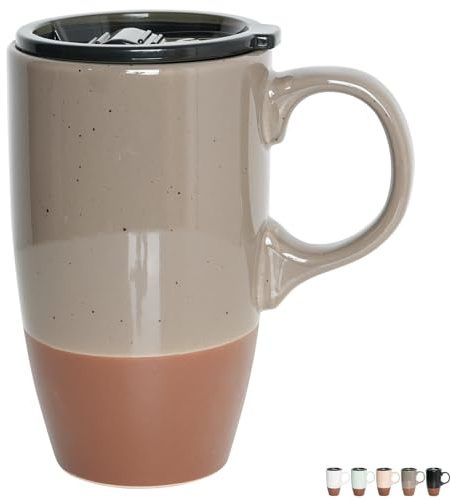 Bosmarlin Ceramic Travel Coffee Mug with Handle and Lid, 18 oz, Portable Coffee Cup for Car Cup Holder, Microwave and Dishwasher Safe (Grey)