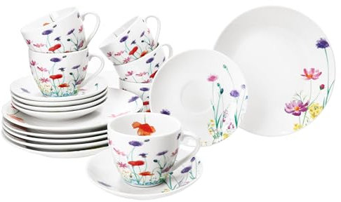 MamboCat Marie Service à café 18 pièces Vaisselle en porcelaine décor prairie florale pour 6 personnes 6 tasses de 190 ml, soucoupes et assiettes