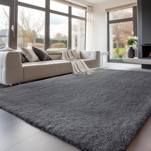 Treeboy Hochflor Teppiche Grau Teppich Wohnzimmer 160x230 Große Waschbar | Wohnzimmerteppich Flauschiger Teppich Waschbar Anti-Rutsch Extra Große Carpet Teppichen für Schlafzimmer Kinderzimmer