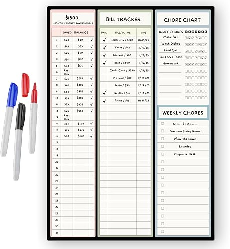 Magnetic Dry Erase Budget Planner and Bill Organizer | 10 x 14 Whiteboard Calendar for Wall or Fridge | Monthly Bill Tracker, Chore Chart, and Family Organizer | Dry Erasable Markers Included