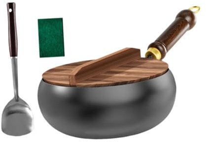 Gralara Poêle Chinois poêle de Cuisson Robuste Fond Plat 9.45 Wok Traditionnel avec Couvercle en Bois