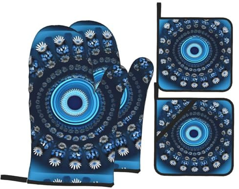 Guanti da cucina blu con stampa a vortice, quattro pezzi, resistenti al calore e termoisolanti, adatti per cucinare, cuocere al forno