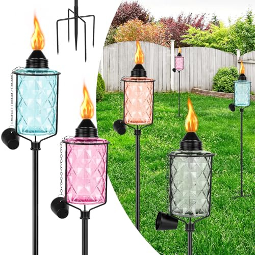 Zhulerzil 4-Pack Garden Torches for Outside,12 oz Glass Citronella Torches with 4-Prong Stake - Height Adjustable & Refillable Flame Light Torch for Party Patio Pathway Landscape Decor (Multi Color)