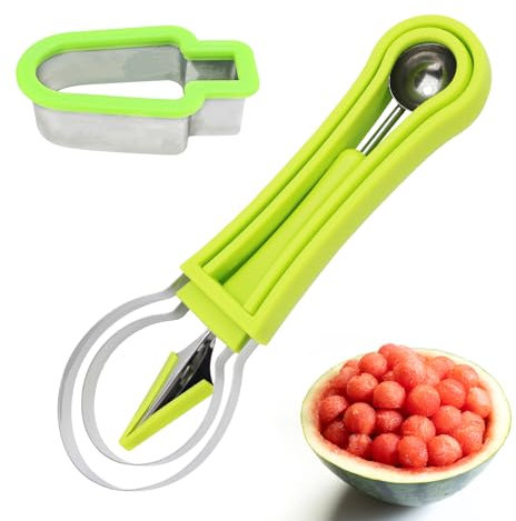Rierousy Cuchillo de corte de fruta 3 en 1, cortador de sandía de acero inoxidable, cortador de bolas, cortador de frutas, cortador de melón