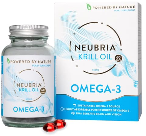 NEUBRIA Krill Oil Advanced Omega 3 Capsules - High Strength 1000mg - Phospholipids, EPA & DHA with Astaxanthin and Choline - Cod Liver & Fish Oil Alternative - Antarctic Krill - 60 Softgels