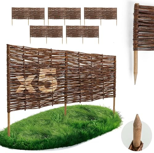 5 x BOGATECO Beeteinfassung aus Weide | 120 cm Lang & 40 cm Hoch | Holz-Zaun Rasenkante | Weiden-Zaun Steckzaun Perfekt für den Garten als Weg-Abgrenzung | Beetumrandungen | Dekorative Zäune