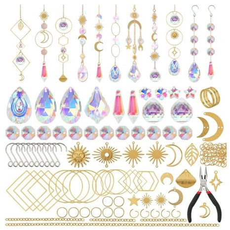Enwye 200pcs Sun Catcher Set Hanging Crystal Suitable for DIY, Customised Decorations, Wind Chimes, Chandeliers, Etc. (Gold)