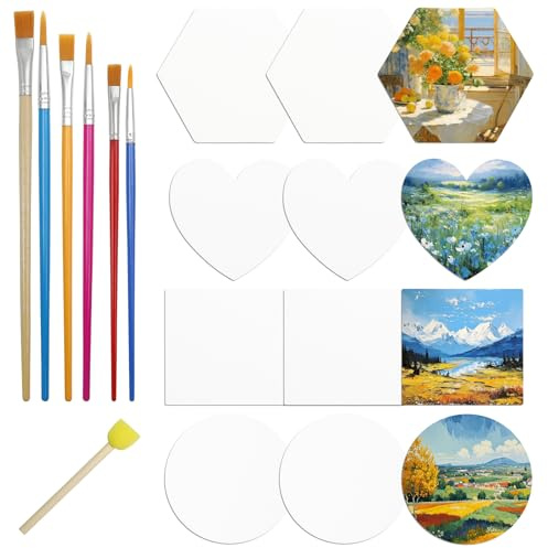 12 PCS Magnetic Art Canvas Panels, Magnetic Small Canvases for Painting with 6 Paintbrush 1 Sponge Bar, Multiple Shapes Canvas Boards for Acrylic Watercolor Oil Painting, Fridge Decorative Magnets