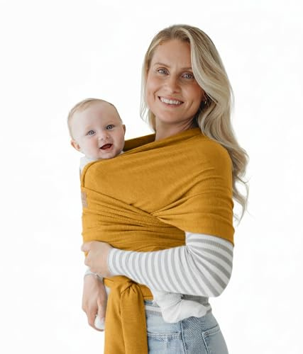 Bärsele för nyfödd till småbarn, 3 – 15 kg – mjuk stretchig rem för baby – säkerhetstestad – handsfree baby wrap bärare – nyfödd sele (senapsgul)