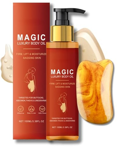 Magic Luxury Body Oil with Gua Sha Massage Tool - Firming Body Oil for Saggy Skin and Skin Tightening, Body Moisturiser for Women, Hydrating Skin Care Treatment for Hips, Thighs, Arms