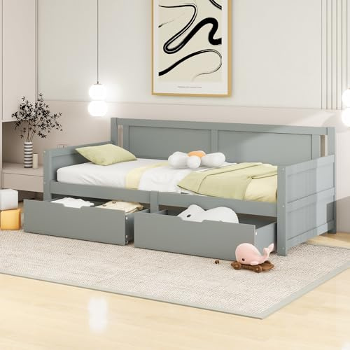 YuQozii Divano letto 90 x 200, letto singolo con due ripiani, struttura in legno massello, letto per ragazzi (grigio)