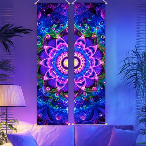 CRAFTYMELODY 2 Pack Blacklight Trippy Mandalas Tapestry Glow in the Dark Bohemian Tapestry UV Reactive Wall Hanging 12.9×51 Inch with Rope Wooden Rod for Dormitory Bedroom Home Wall Decoration