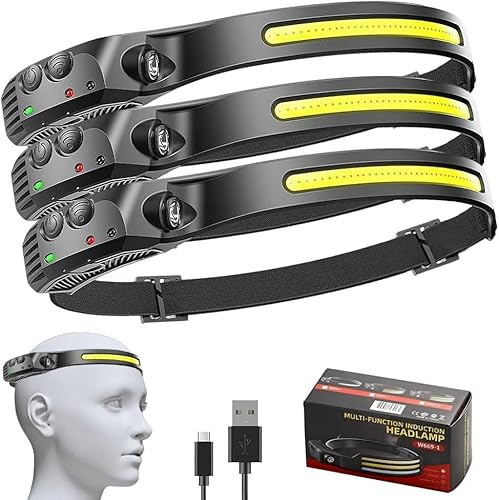 Pryzoq LED Motion Sensor Headlamp, Head Torch Rechargeable＆230° Wide Beam Headtorch with Motion Sensor, Waterproof Rating,Lightweight Headlamp for Running (3, 1 Front Led Lichtleiste)