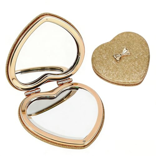 7.5 cm Kompaktspiegel, Mini Herz Taschenspiegel, Faltbar & Handheld 2-seitiger 1x/2-fache Vergrößerung Kompaktspiegel Kleiner Tragbarer Handspiegel, Doppelseitiger Niedlicher GlitzerSpiegel, Gold-a