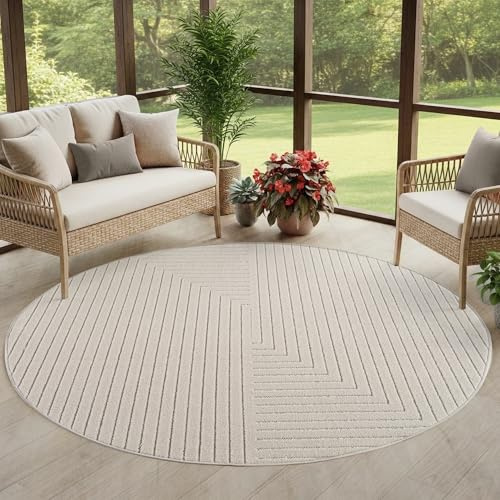 Carpettex Kurzflor Teppich Rund 200 cm Creme, 3D Hoch Tief Effekt, Skandinavischer Boho Teppich für Wohnzimmer Esszimmer, Balkon Terrasse Outdoor geeignet wetterfest für Balkon