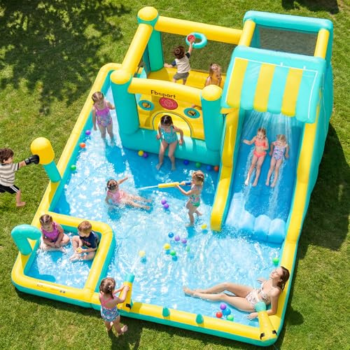 FBSPORT Bouncy Castle, 10-in-1 Wide Water Slide Inflatable Water Park for Kids, with 480W Blower, Splash Pool, Family Backyard Bounce House, Indoor Outdoor Summer Fun Use