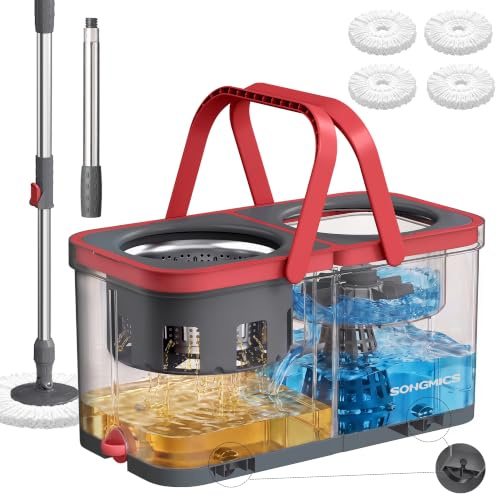 SONGMICS Spin Mop and Bucket Set, Clean Water Separation, Stainless Steel Wringer, 4 Microfibre Pads, Adjustable Handle, Wheels for Hard Floor Cleaning, Grey and Red, CLEMAX Collection LMB004GT04