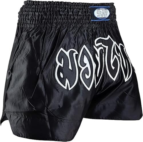BAY Remy Thaiboxhose Kickboxhose Muay Thai Hose kurz aus Polyester mit traditioneller Thaischrift Schwarz für Damen, Herren, Kinder, Erwachsene, Mädchen, Jungen Größe M