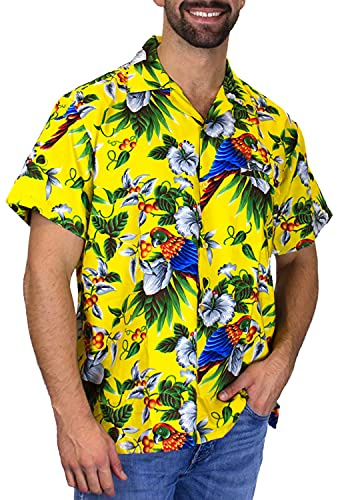 V.H.O. Funkig Hawaii-skjorta, för män, storlek XS–12XL, kortärmad, framficka, Hawaiitryck, körsbär, papegojor, blomma, XXL