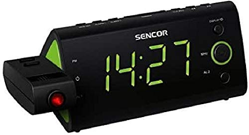 SENCOR SRC 330 GN Radiowecker mit Zeitprojektion, Thermometer und Kalender, Digitale Anzeige von Uhrzeit und eingestellter Frequenz, PLL FM-Radio mit 10 Senderspeichern, schwarz-grün