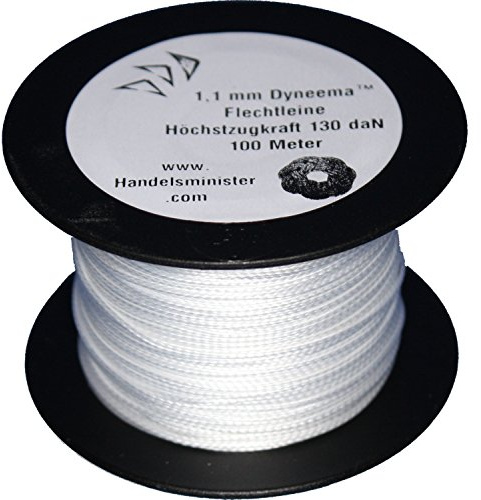 Dyneema Drachenschnur 130daN weiß 1,1mm sehr dehnungsarm geflochten Einleiner Lenkdrachen, Länge: 100m, Durchmesser: 1.1mm Bruchlast: 130daN