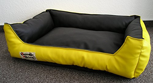 Hundebettenmanufaktur Hundebett Hundesofa Schlafplatz Kunstleder Acceso Farbe und Größe wählbar von XS bis XXL (90 cm X 70 cm, gelb schwarz)