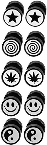 Flongo Herren Ohrringe 8mm Edelstahl Damen Ohrstecker Blütenblätter kreuz smile Lächeln Blumen Ahornblatt Stern Tai Chi Fake Plugs Tunnel Männer Piercing Schraubverschluss schwarz silber gold